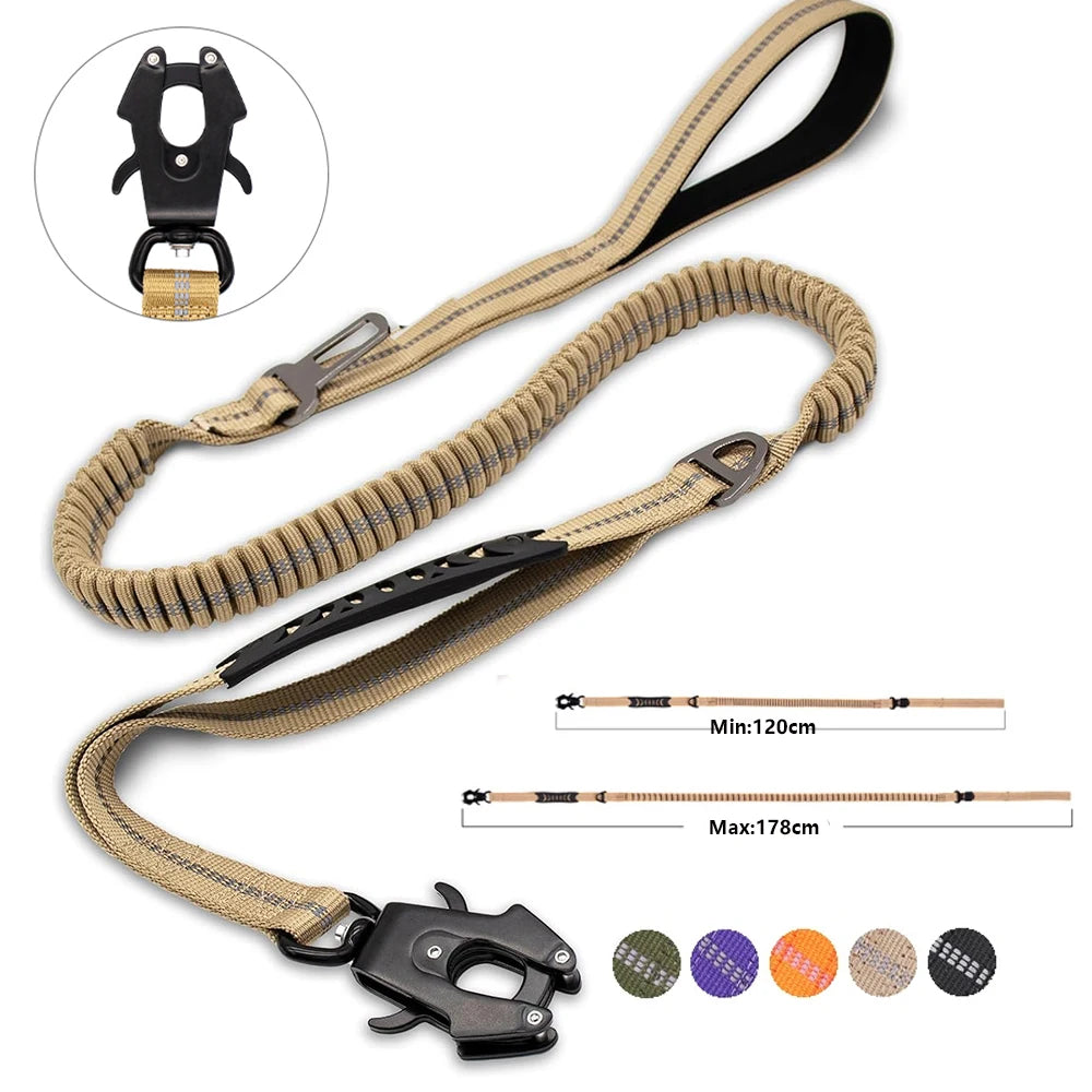 Reflective FlexControl Dual-Handle Dog Leash with Bungee & Seat Belt Clip Purple