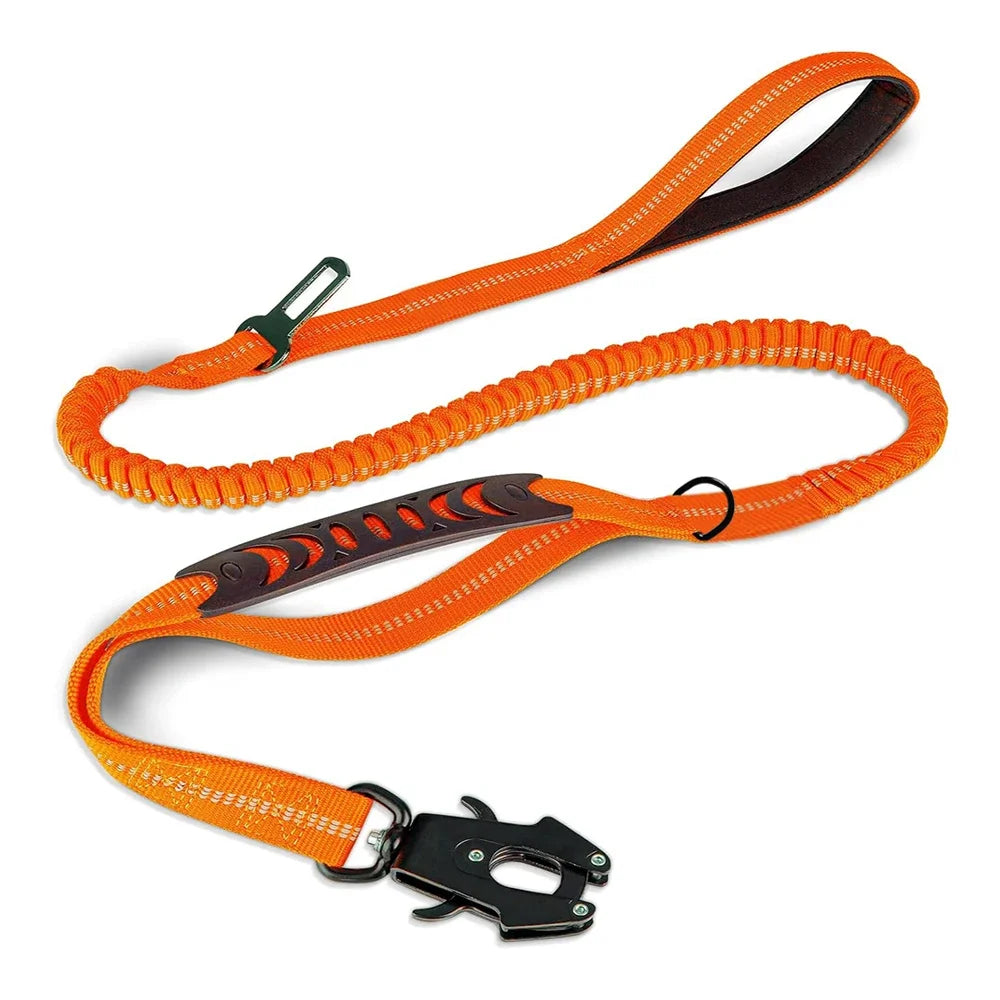 Reflective FlexControl Dual-Handle Dog Leash with Bungee & Seat Belt Clip Orange