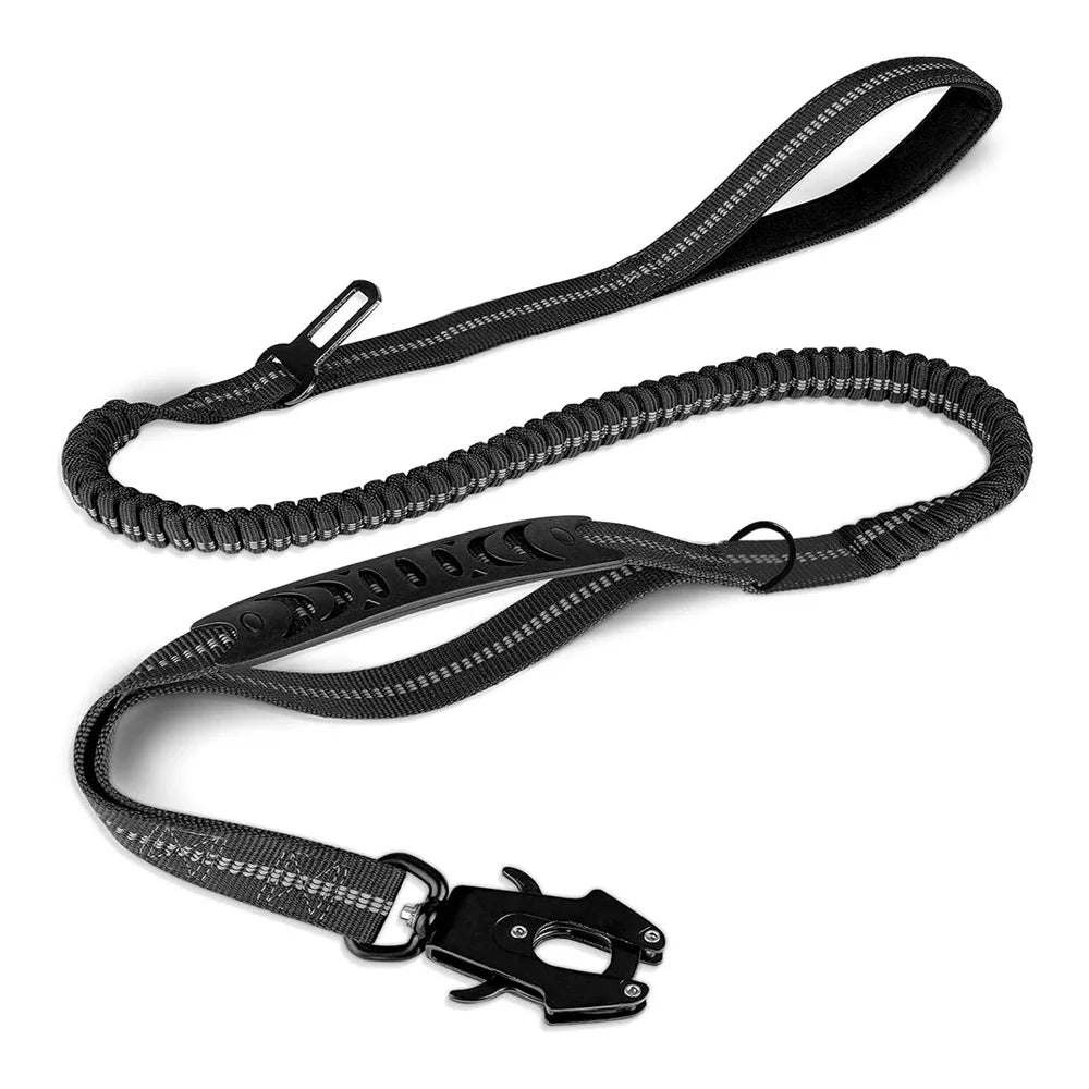 Reflective FlexControl Dual-Handle Dog Leash with Bungee & Seat Belt Clip Khaki