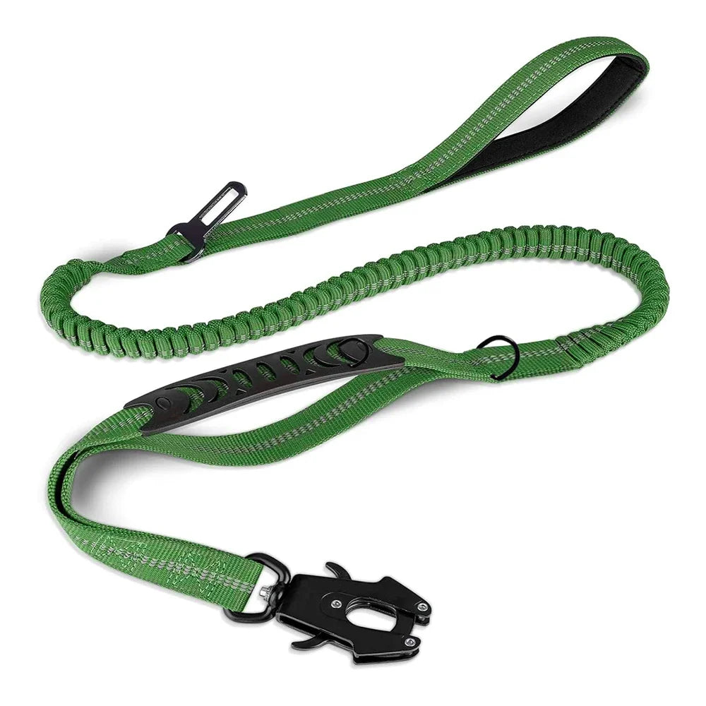 Reflective FlexControl Dual-Handle Dog Leash with Bungee & Seat Belt Clip Khaki